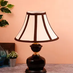 Devansh White & Brown Colourblocked Traditional Bedside Standard Table Lamp with Shade-47
