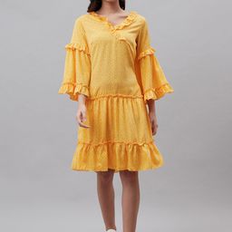plusS Yellow Polka Dots Print A-Line Dress-image-64