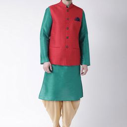 KISAH Men Red & Green Self Design Kurta with Harem Pants-46