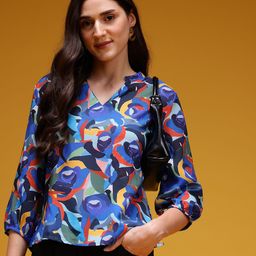 HERE&NOW Print Mandarin Collar Puff Sleeve Top-picture-23