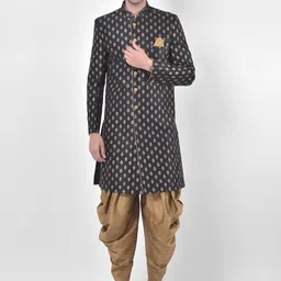 DEYANN Men Black & Gold-Coloured Printed Sherwani With Dhoti Pants-image-11