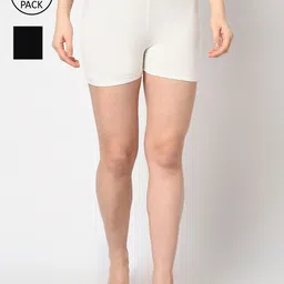 Espresso Women Pack of 2 Black & Off- White Solid Slim Fit Shorts For Under Dresses-image-16