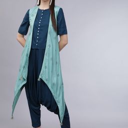 Vishudh Women Teal Blue & Sea Green Printed Top with Trousers & Jacket-picture-7