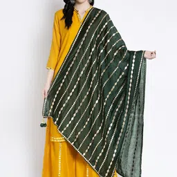 Clora Creation Women Green & Gold-Coloured Striped Gotta Patti Dupatta-38