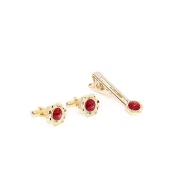 D.C Creation Men Gold-Plated & Red Artificial Stone-Studded Geometric Cufflinks & Tie Pin-35