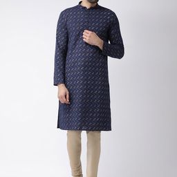 KISAH Men Navy Blue & Gold-Toned Printed Kurta with Churidar-image-55