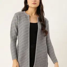 BROOWL Women Grey Striped Longline Winter Shrug-picture-48