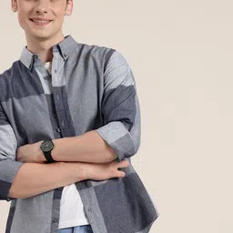 HERE&NOW Checked Button-Down Collar Pure Cotton Casual Shirt-image-24