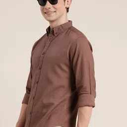 HERE&NOW Geometric Self Design Button-Down Collar Pure Cotton Casual Shirt-image-84