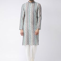 KISAH Men Multicoloured & White Printed Kurta with Churidar-10