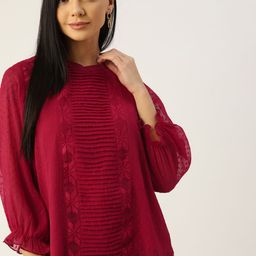 Antheaa Red Dobby Weave Puff Sleeves Net Top-image-14