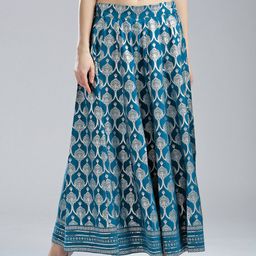 WISHFUL by W Women Teal Blue & Silver Printed Maxi Flared Skirt-image-28