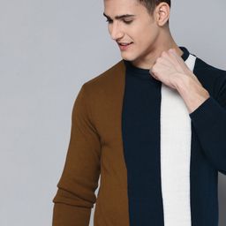 Mast & Harbour Men Navy Blue & White Colourblocked Pullover-picture-30