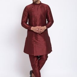 KLOTTHE Men Maroon Solid Straight Cotton Silk Kurta-image-95