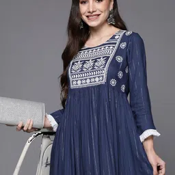 Indo Era Blue Ethnic Motifs Embroidered Ethnic A-Line Midi Ethnic Dress-picture-52