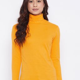 Hypernation Women Mustard Yellow Solid High Neck T-shirt-picture-12