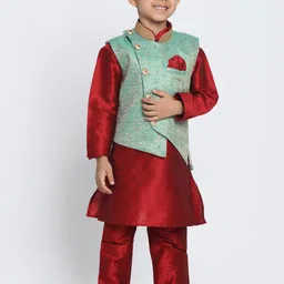 JBN Creation Boys Maroon & Green Self Design Kurta with Churidar & Nehru Jacket-3