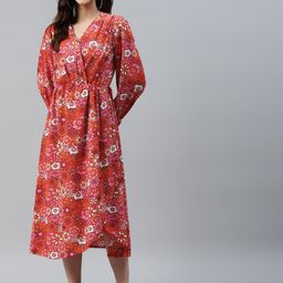 plusS Orange & Red Floral Print Wrap Midi Dress-image-96