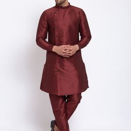 KLOTTHE Men Maroon Solid Angrakha Straight Kurta & Pyjamas-image-99