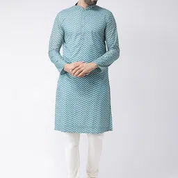KISAH Men Blue & White Chevron Striped Kurta with Churidar-image-84