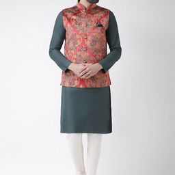 KISAH Men Maroon & Green Printed Kurta with Churidar & Nehru Jacket Set-picture-16
