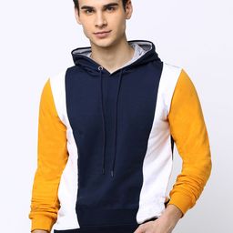 Maniac Men Navy Blue Colourblocked Hooded Slim Fit Pure Cotton T-shirt-image-31