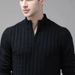 Roadster Men Navy Blue Cable Knit Pullover-image-15