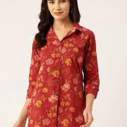 FERANOID Floral Print Roll-Up Sleeves Pure Cotton Shirt Style Longline Top-image-82
