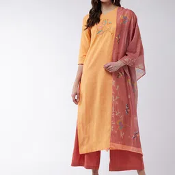 Pannkh Women Yellow & Coral Ethnic Motifs Embroidered A-Line Thread Work Pure-picture-33