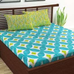 Divine Casa Blue & Green Ethnic Motifs 120 TC Cotton 1 Queen Bedsheet with 2 Pillow Covers-image-41
