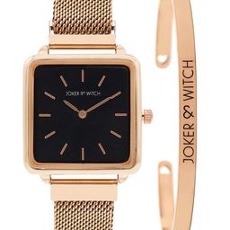 JOKER & WITCH Women Black & Rose Gold Toned Rose Shadow Watch & Bracelet Gift Set JWBS228-26