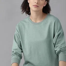 Roadster Women Blue Pure Cotton Solid Boxy Sweatshirt-image-94