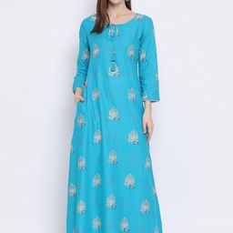 Span Women Turquoise Blue & Beige Printed A-Line Kurta-image-11