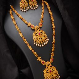 aadita Gold-Plated Pink & Green Necklace Jewellery Set-image-2