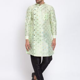 KLOTTHE Men Green Ethnic Motifs Printed Angrakha Straight Kurta & Pyjamas-image-83