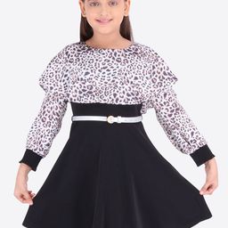 CUTECUMBER Girls Black & Off-White Animal Printed Fit and Flare Dress-image-74