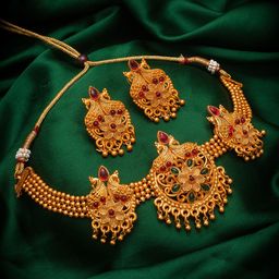 aadita Gold-Plated Pink & Green Stone-Studded & Beaded Temple Jewellery Set-18