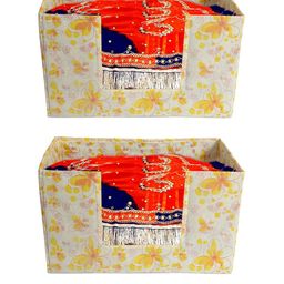 Kuber Industries Set Of 2 Off- White & Yellow Flower Printed Shirt Stacker Organizers-54