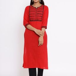 FABRIC FITOOR Women Red & Black Ethnic Motifs Yoke Design Thread Work Kurta-19