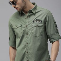 Roadster Men Olive Green Solid Pure Cotton Sustainable Casual Shirt-image-6