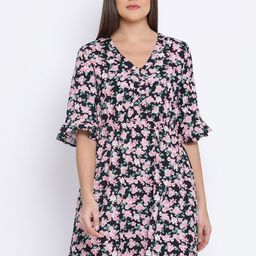 Oxolloxo Women Black Floral Printed Fit and Flare Dress-image-113