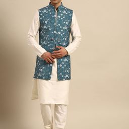 KISAH Men Off White Solid Kurta with Churidar & Nehru Jacket-picture-17