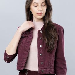 Tokyo Talkies Women Burgundy Solid Denim Jacket-image-31