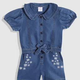 YK Girls Puff Sleeves Peter Pan Collar Playsuit with Embroidered Detail & Belt-picture-40