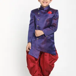 JBN Creation Boys Blue & Maroon Solid Sherwani Set-image-94