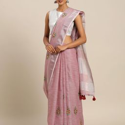 SANGAM PRINTS Purple & Green Linen Blend Embroidered Kota Saree-image-17