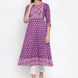 Indibelle Women Purple Block Print A-Line Kurta-picture-14