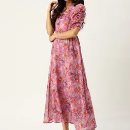 Deewa Purple & Coral Orange Floral Print Tie-Up Neck Power Shoulders Maxi Dress-image-48