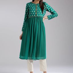 WISHFUL by W Women Green Self-Design Layered A-Line Kurta-18