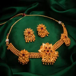 aadita Gold-Plated Red Ruby-Studded Beaded Choker Jewellery Set-picture-10